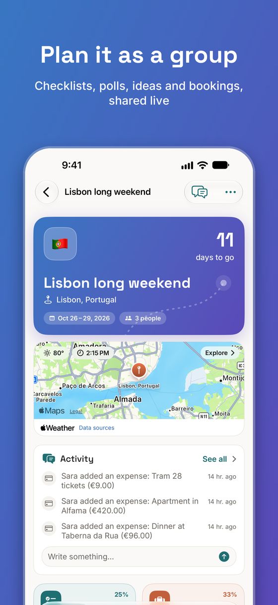 The trip's Prep screen with a countdown, a map, recent activity and tiles for the checklist, packing, polls, ideas, bookings and documents.