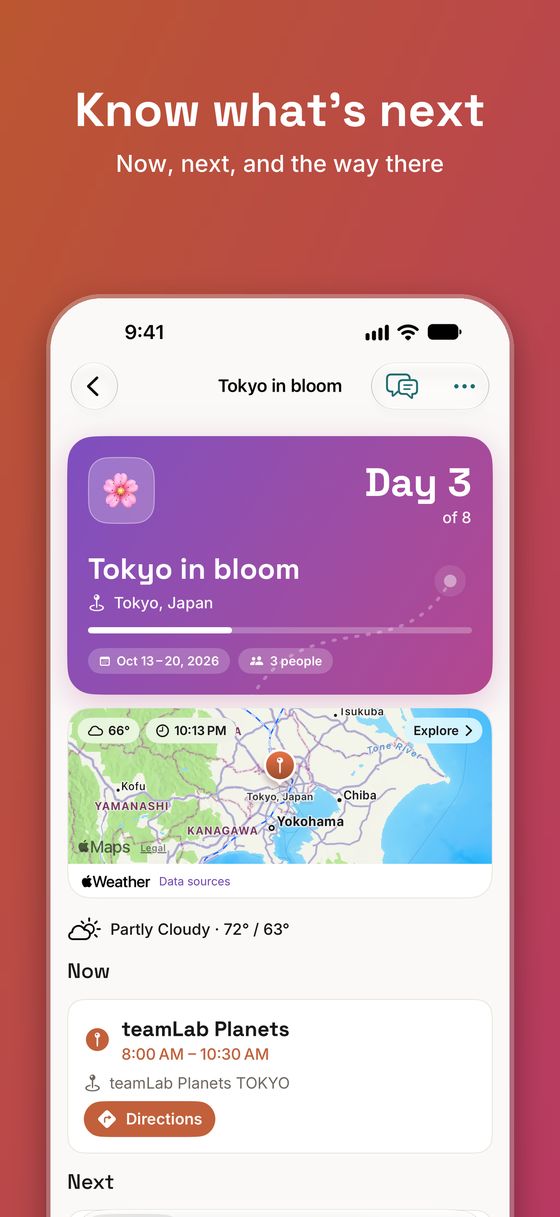 Today mode on a Tokyo trip: the weather, what's on now with directions, and what's next.