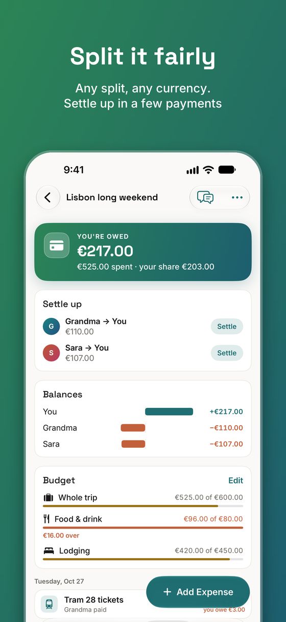 The Money tab: you're owed 217 euros, who should settle with whom, everyone's balance and the trip's budget.
