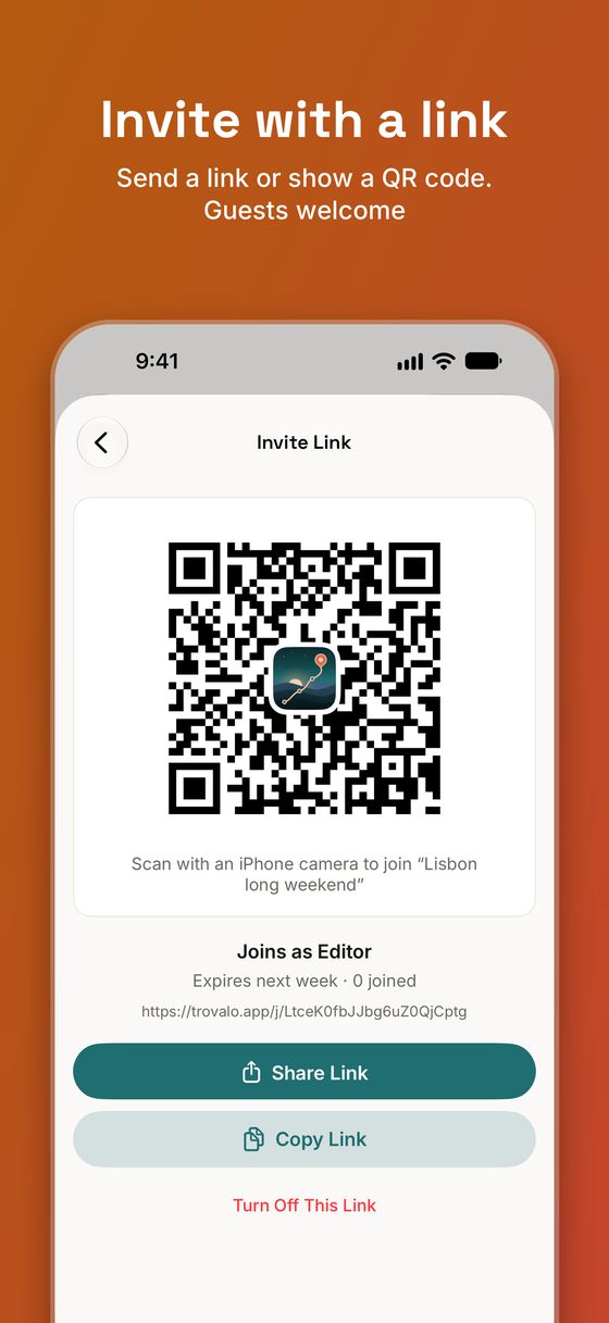An invite link for the Lisbon trip with a QR code to scan.